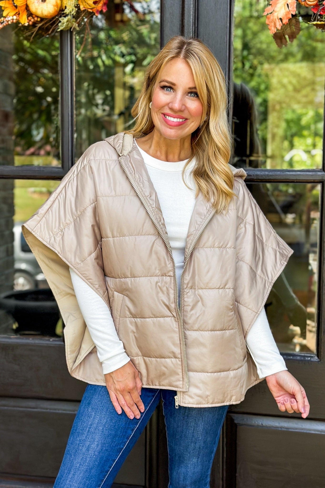 Oversized Beige Zip Up Puffer Hooded Layering Poncho