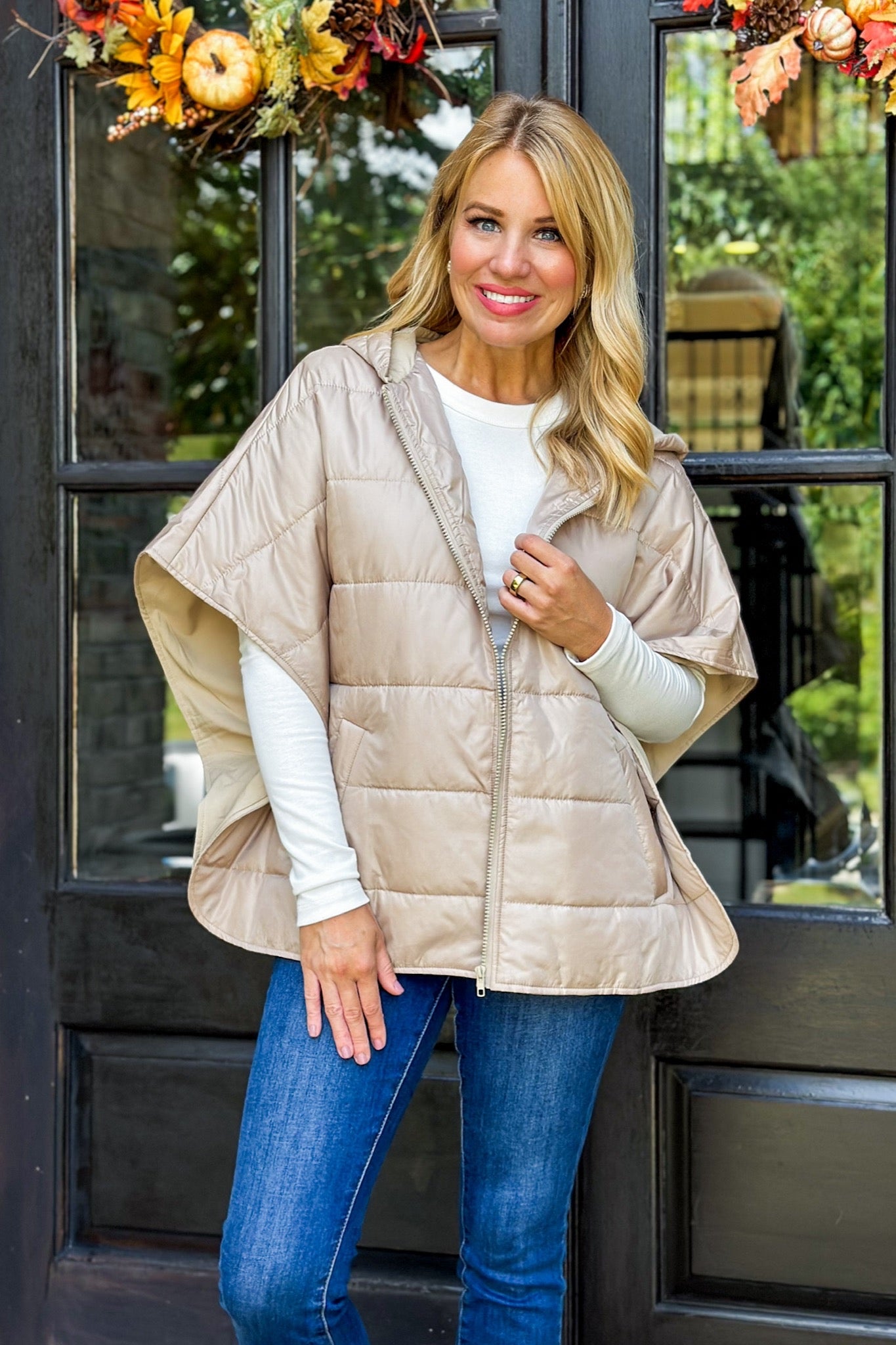 Oversized Beige Zip Up Puffer Hooded Layering Poncho