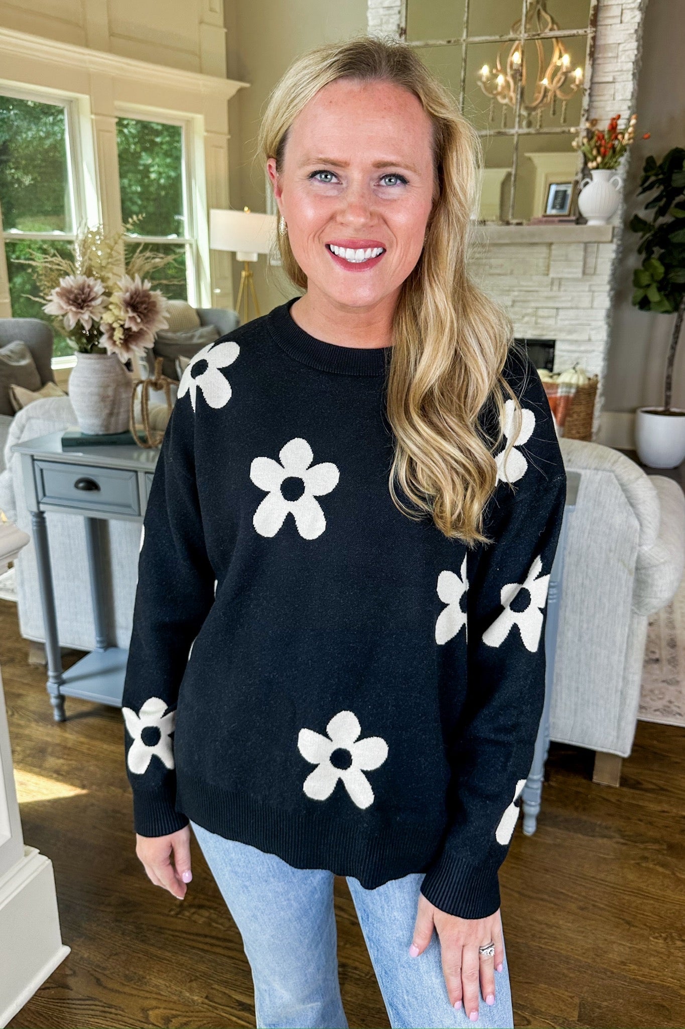 Retro Flower Viscose Sweater in Black