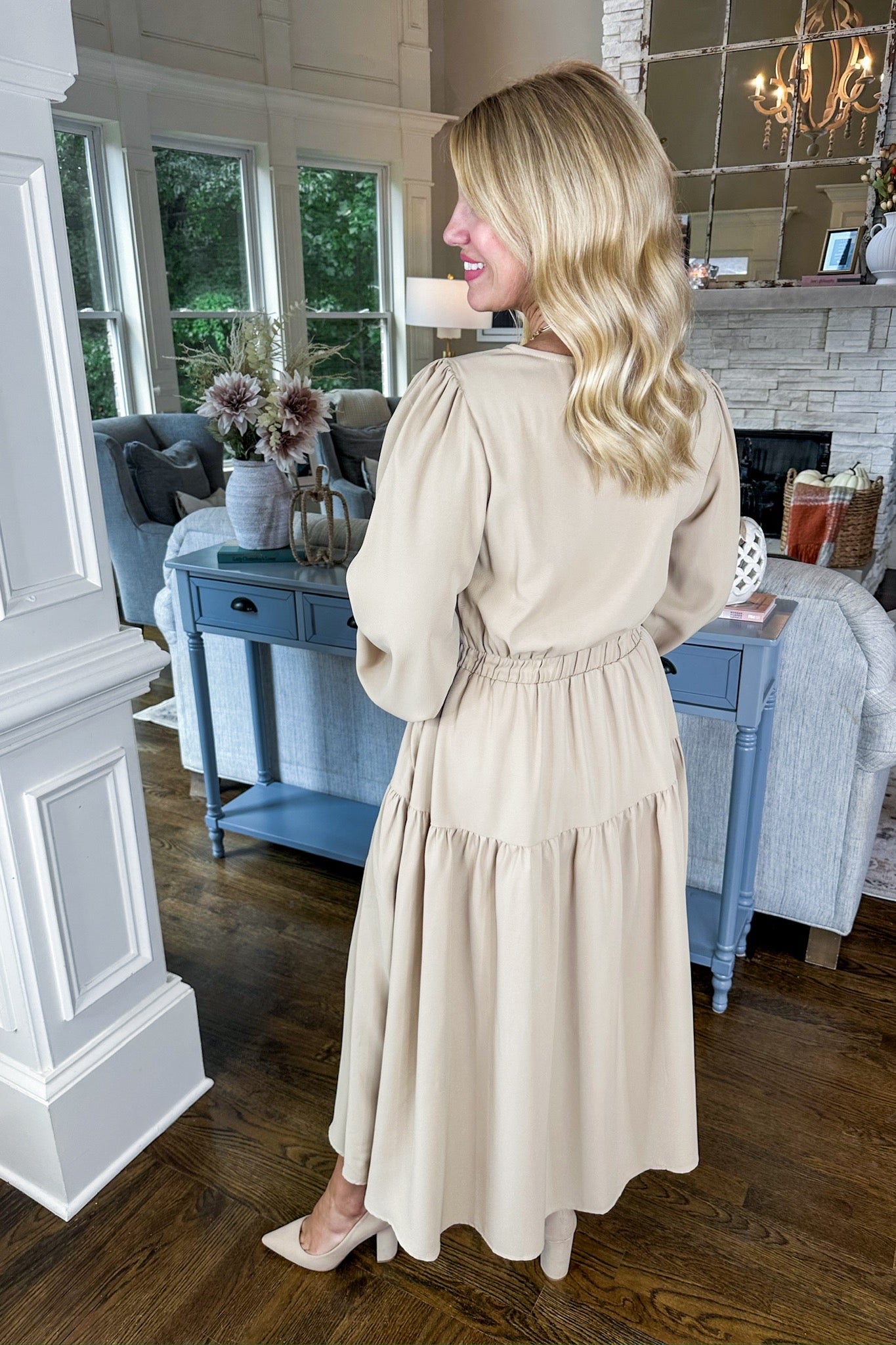 High Quality Notch Neck Drawstring Tie Waist Midi Dress in Taupe