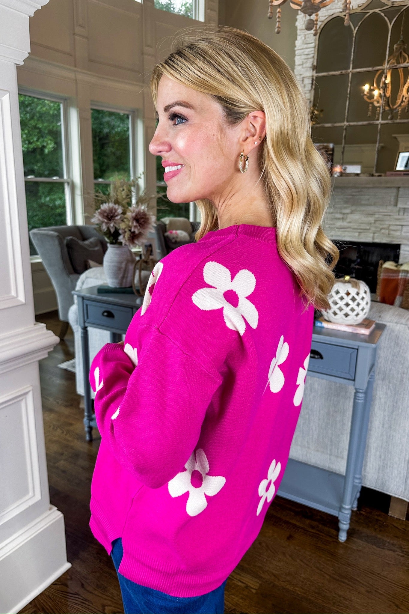 Retro Flower Viscose Sweater in Magenta