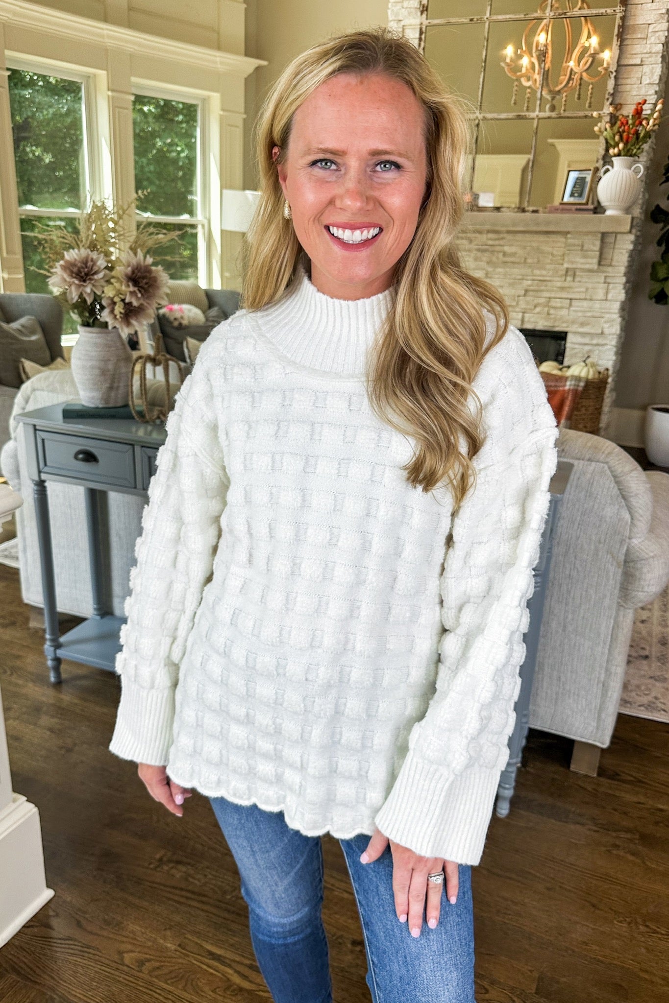 Ivory Textured Grid Exposed Seam Chunky Sweater