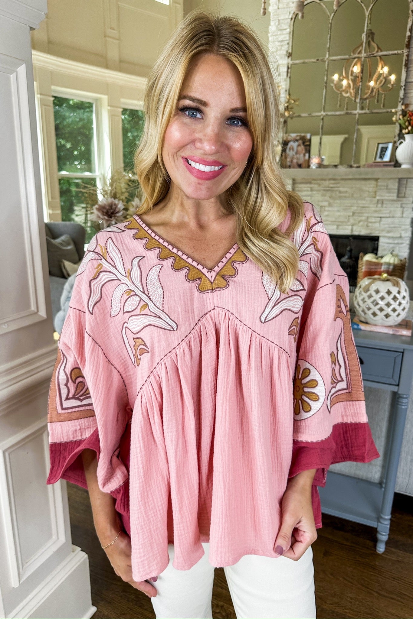 Embroidered Rose Babydoll Poncho Top