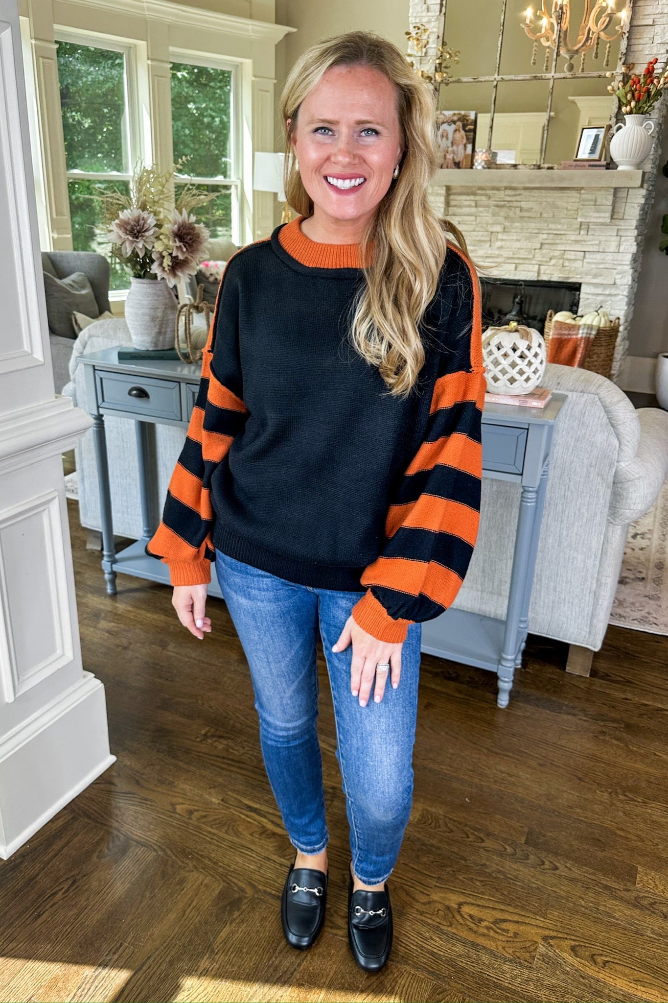 Oversized Two Toned Orange/Black Striped Sleeve Sweater