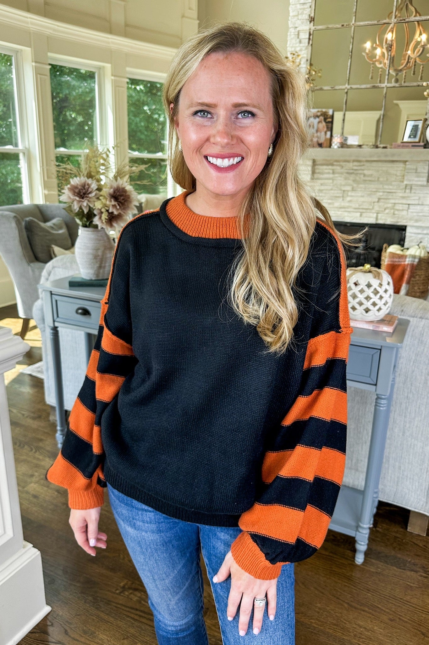 Oversized Two Toned Orange/Black Striped Sleeve Sweater