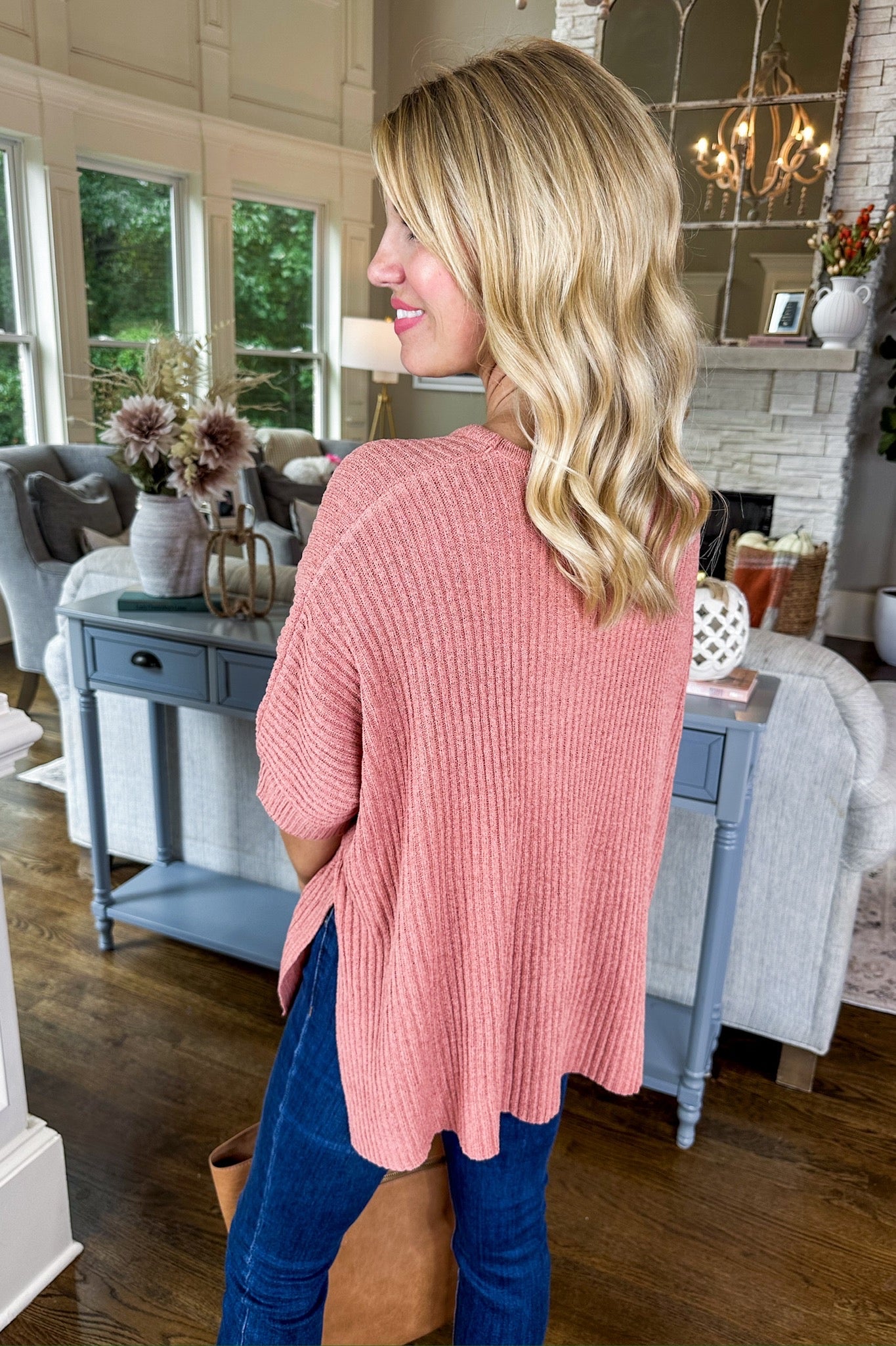 Oversized Ribbed Knit Scoop Neck Poncho Top in Dusty Rose