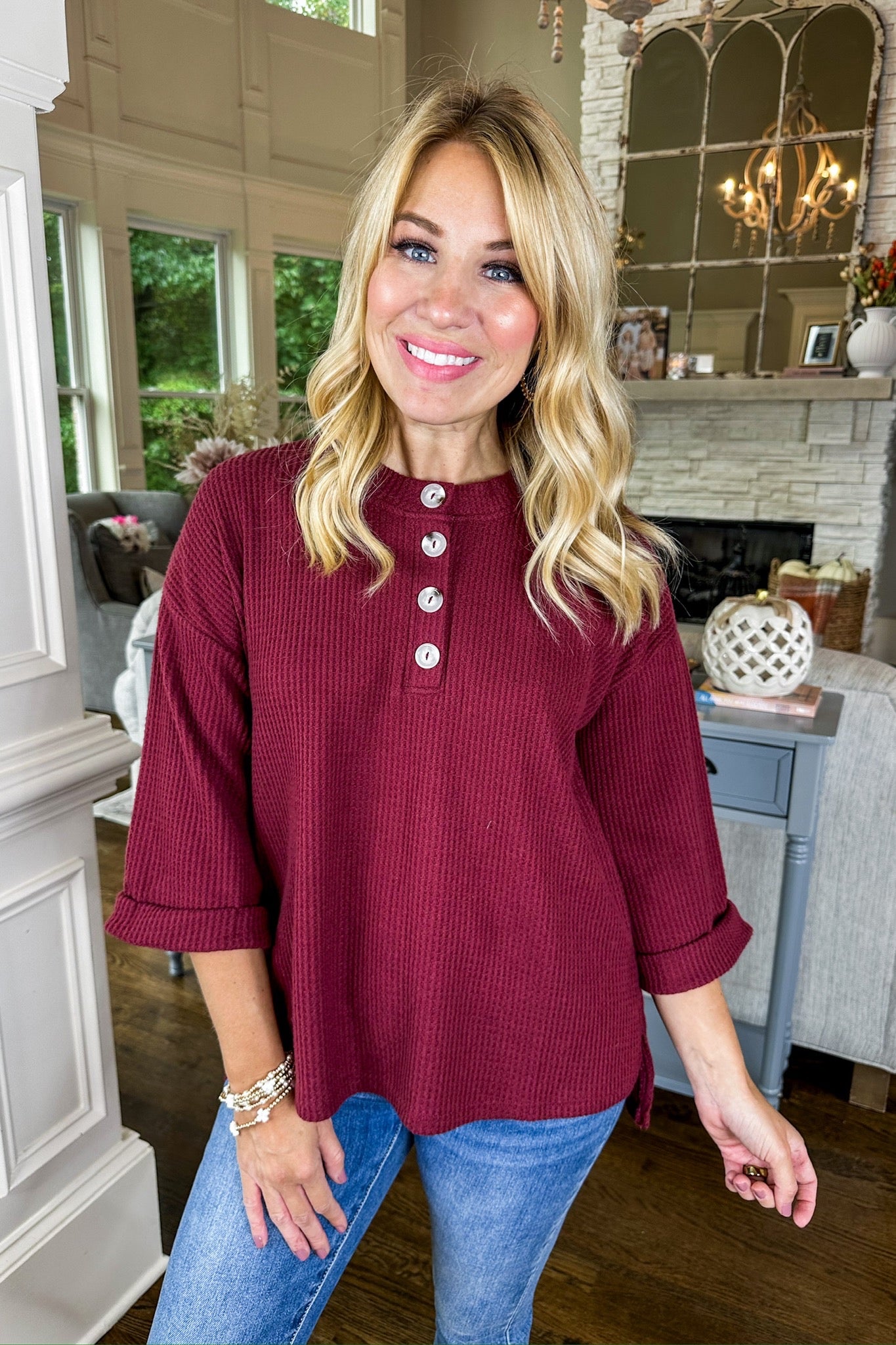 The Reese Half Button Down Three-Quarter Sleeve Top in Wine