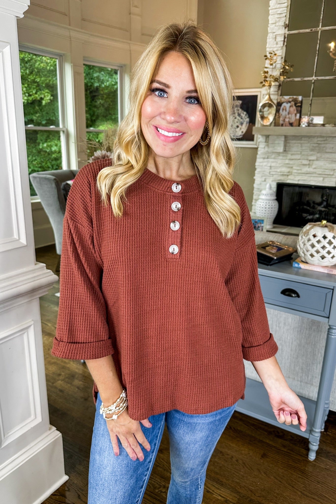 The Reese Half Button Down Three-Quarter Sleeve Top in Rust