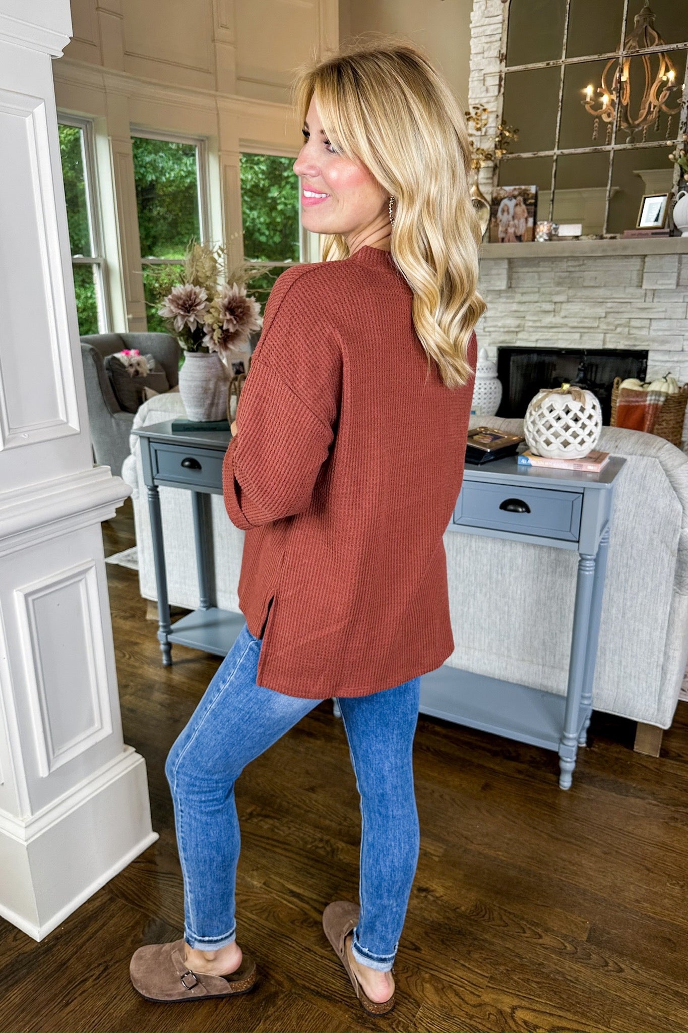 The Reese Half Button Down Three-Quarter Sleeve Top in Rust