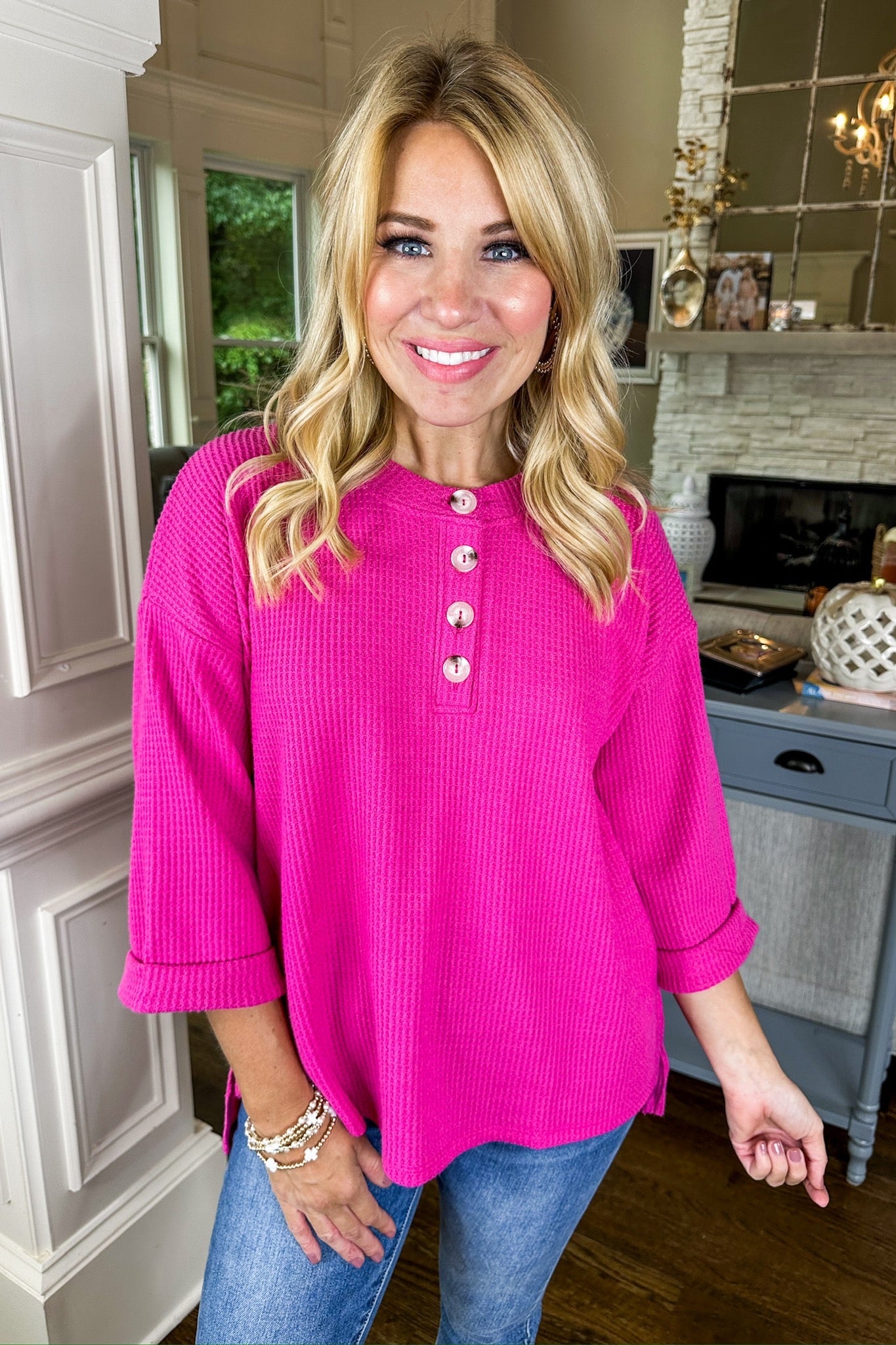 The Reese Half Button Down Three-Quarter Sleeve Top in Hot Pink