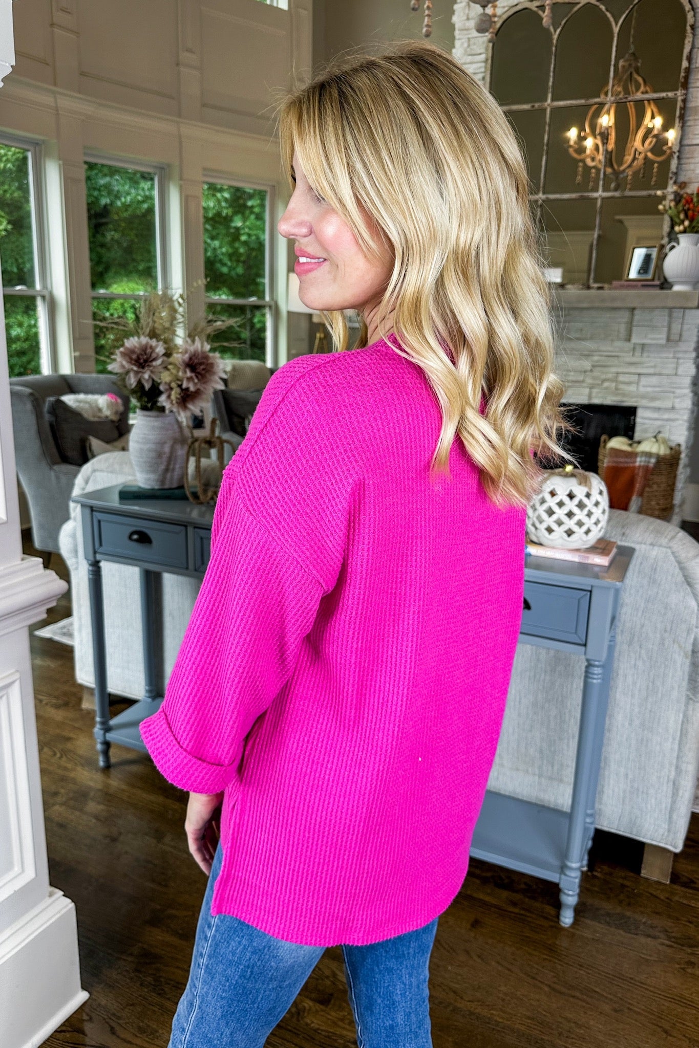 The Reese Half Button Down Three-Quarter Sleeve Top in Hot Pink