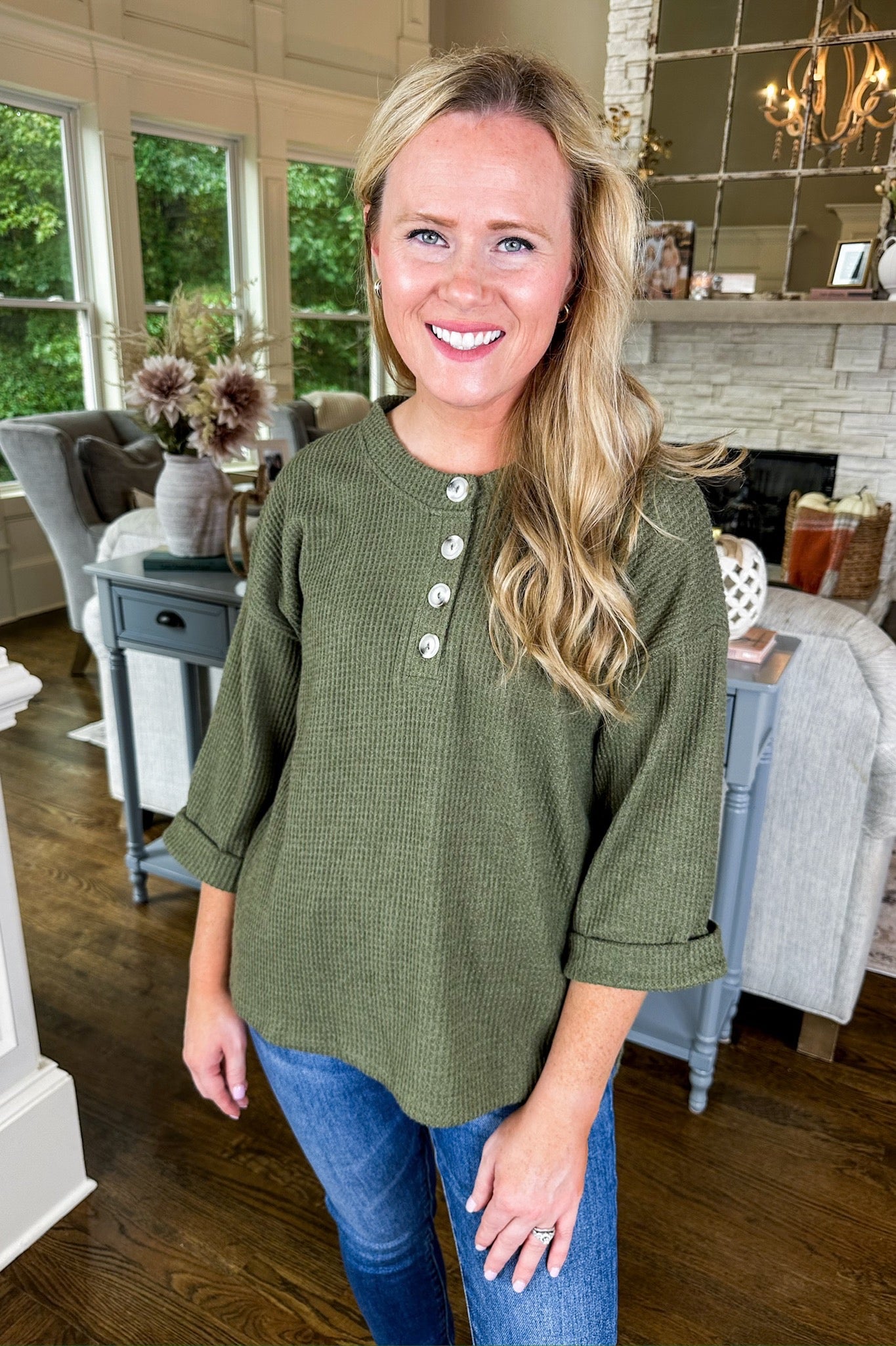 The Reese Half Button Down Three-Quarter Sleeve Top in Olive