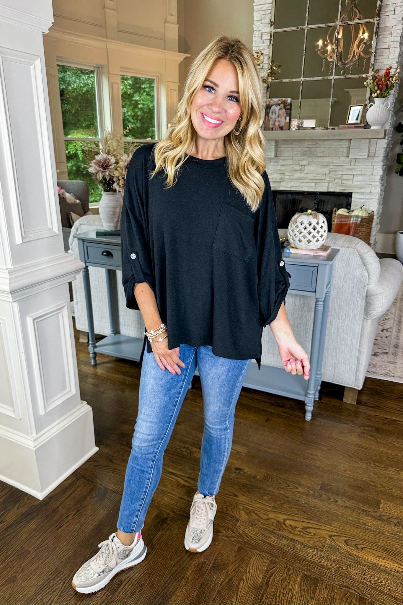 The Logan Pocketed Button Up Sleeve Top in Black