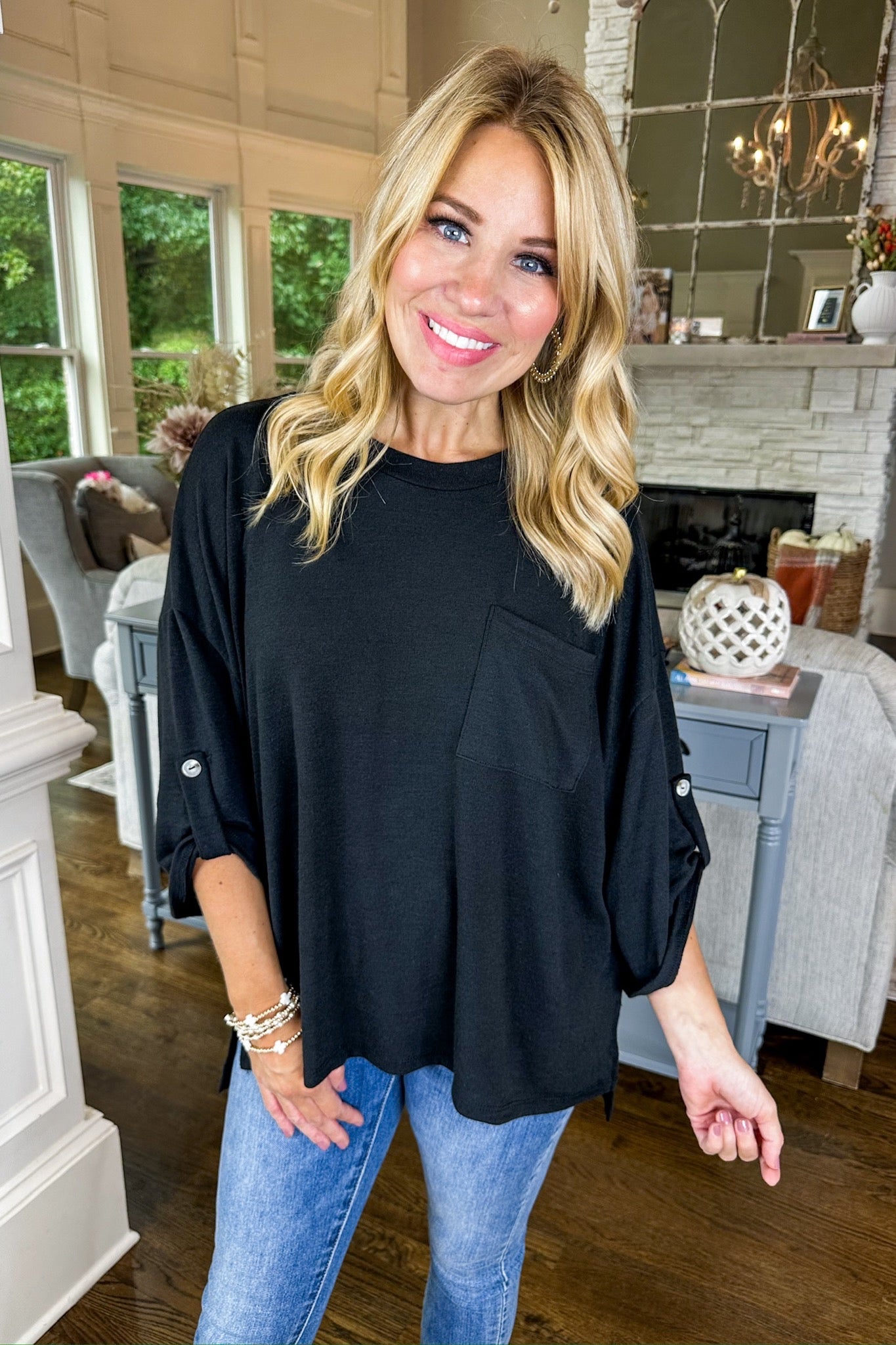 The Logan Pocketed Button Up Sleeve Top in Black