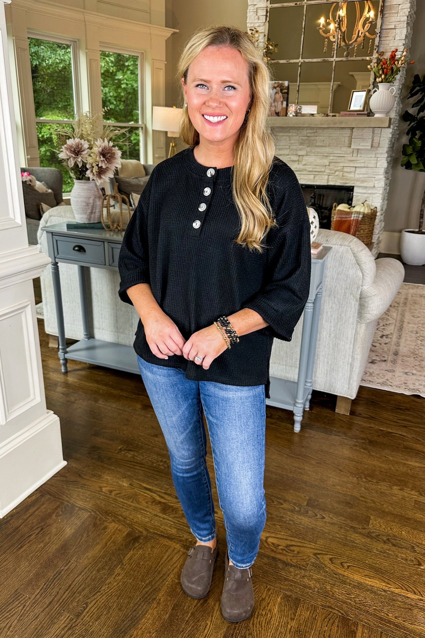 The Reese Half Button Down Three-Quarter Sleeve Top in Black