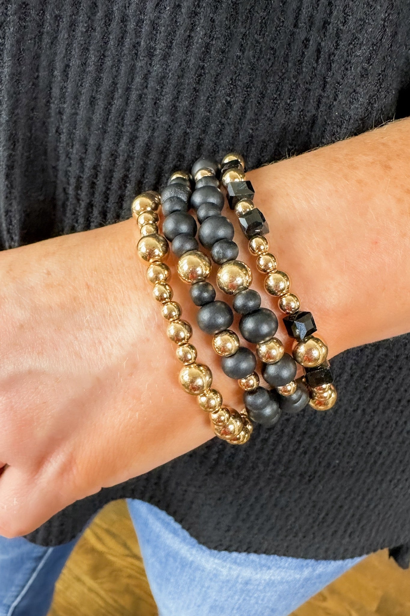 Black Wooden & Gold Beaded Bracelet Stack