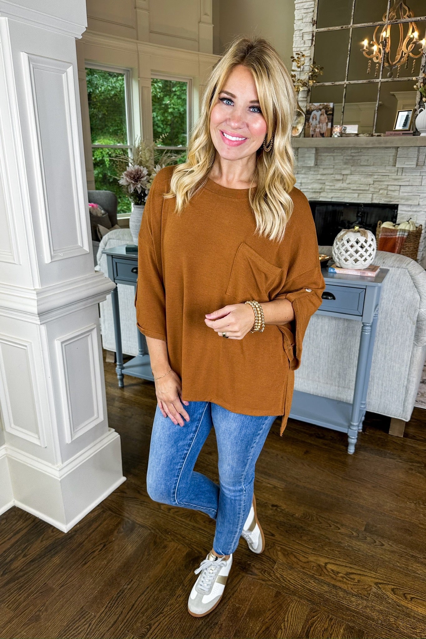 The Logan Pocketed Button Up Sleeve Top in Chestnut