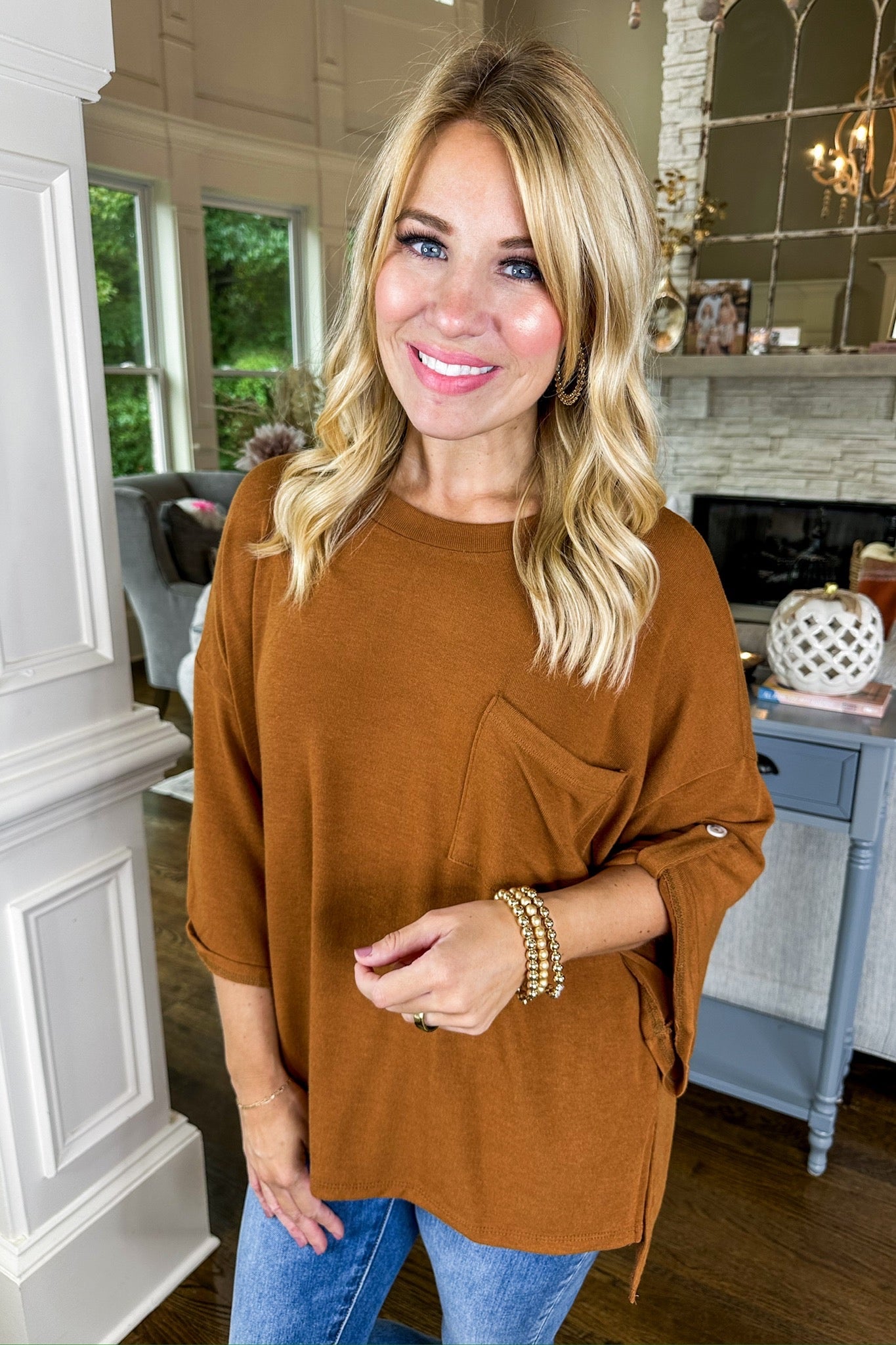 The Logan Pocketed Button Up Sleeve Top in Chestnut