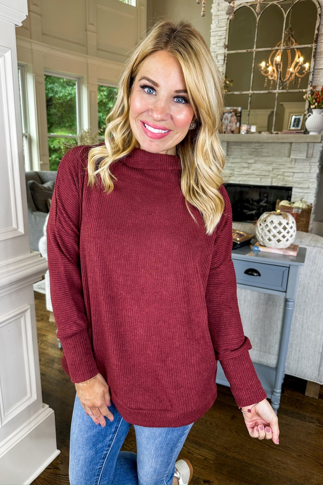 The Skylar Soft Ribbed Cowl Neck Long Sleeve Top in Wine