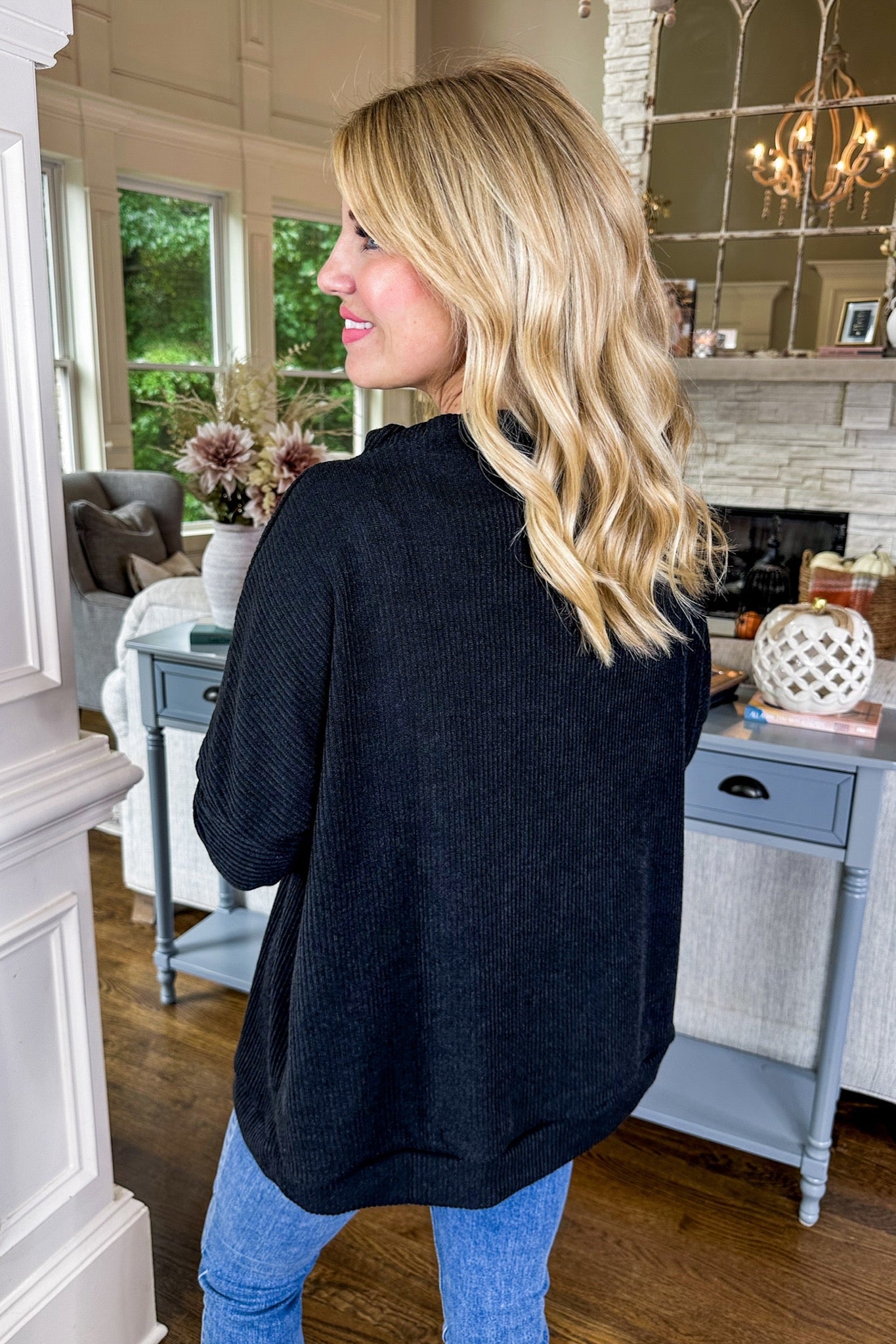 The Skylar Soft Ribbed Cowl Neck Long Sleeve Top in Black