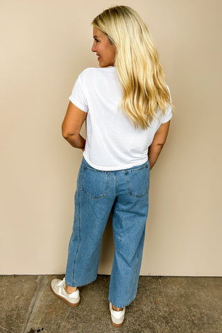 High Rise Medium Wash Wide Leg Barrel Jean
