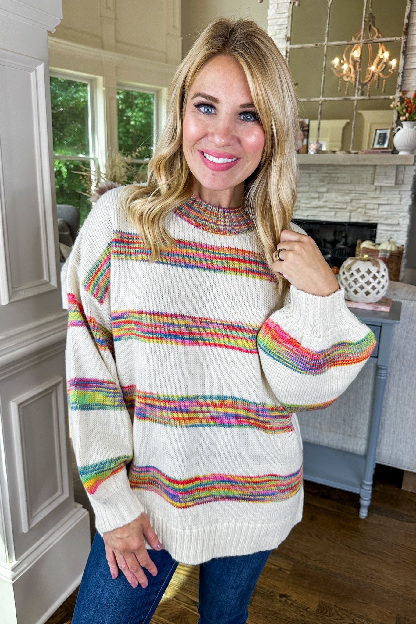 Multi Color Ombre Striped Cream Knit Sweater