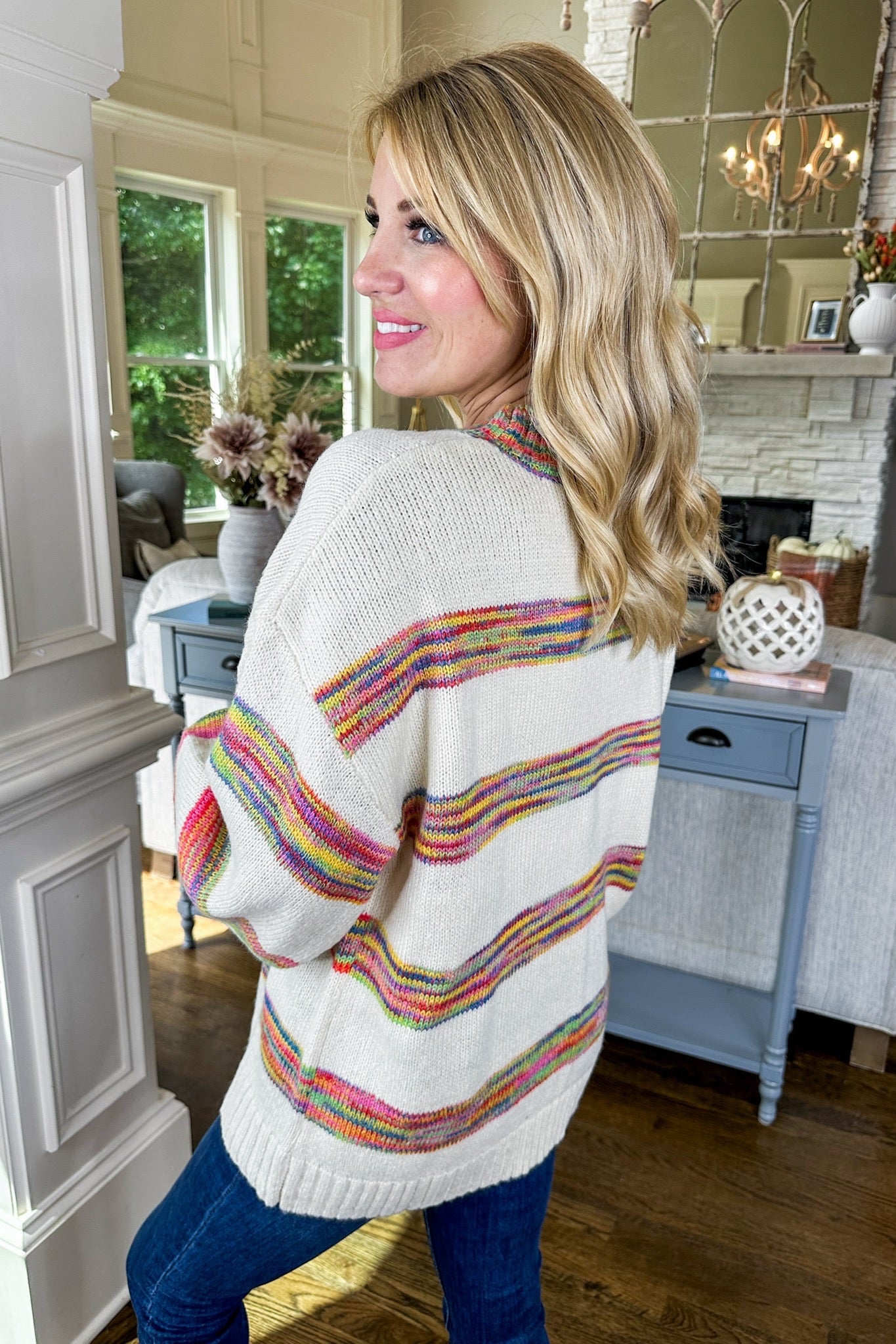 Multi Color Ombre Striped Cream Knit Sweater