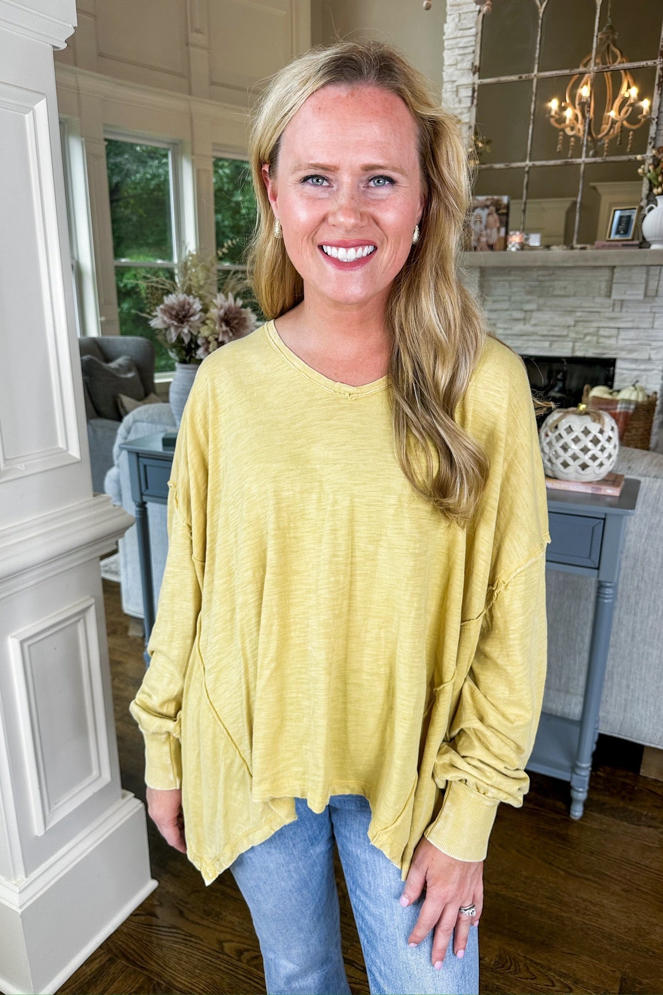 Mustard V Neck Exposed Seam Flowy Long Sleeve Top