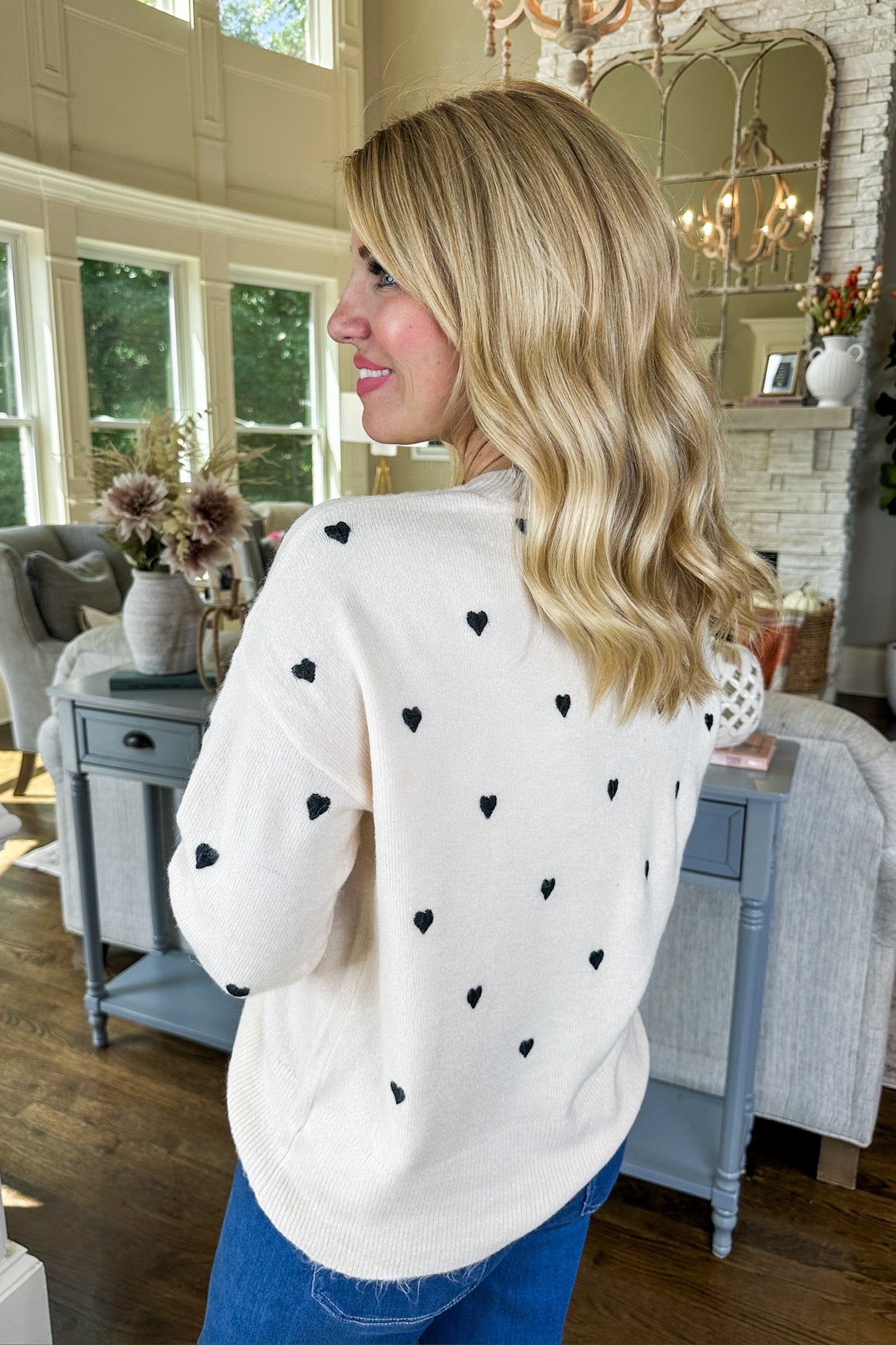 Black Embroidered Heart Cream Knit Lightweight Sweater