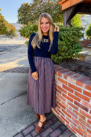 Sunday Style Stripe Midi Dress in Navy & Mauve