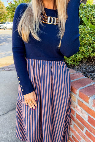 Sunday Style Stripe Midi Dress in Navy & Mauve