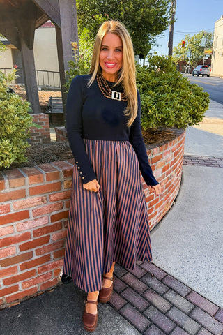 Sunday Style Stripe Midi Dress in Navy & Mauve