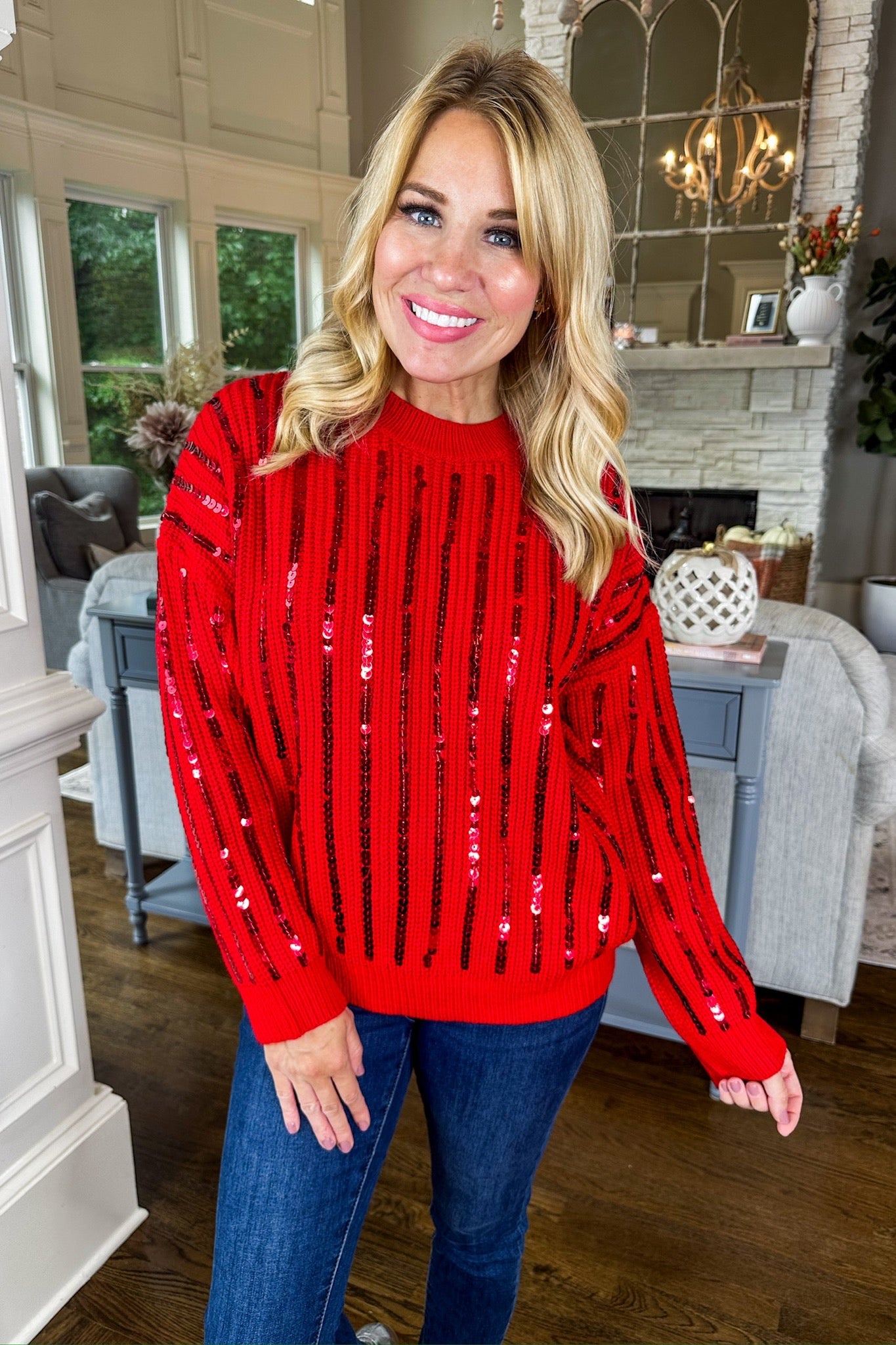 Sequin Striped Drop Shoulder Knit Sweater in Red