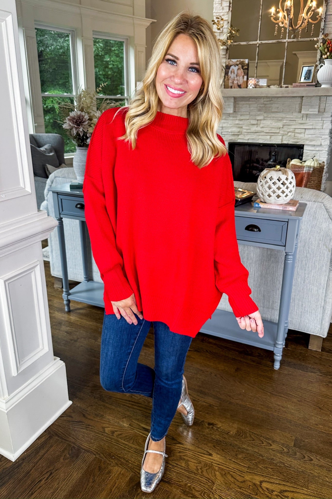 Oversized Exposed Seam Drop Shoulder Sweater in Red