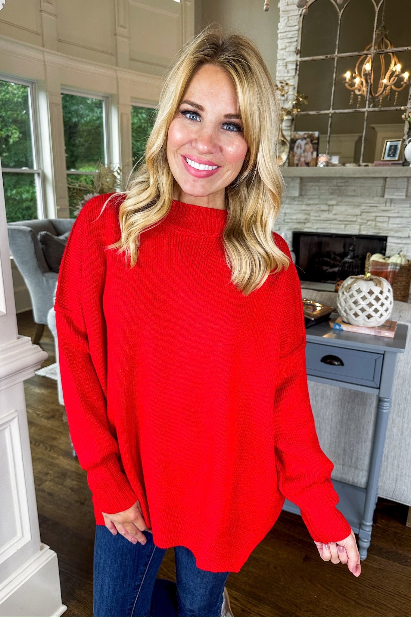 Oversized Exposed Seam Drop Shoulder Sweater in Red