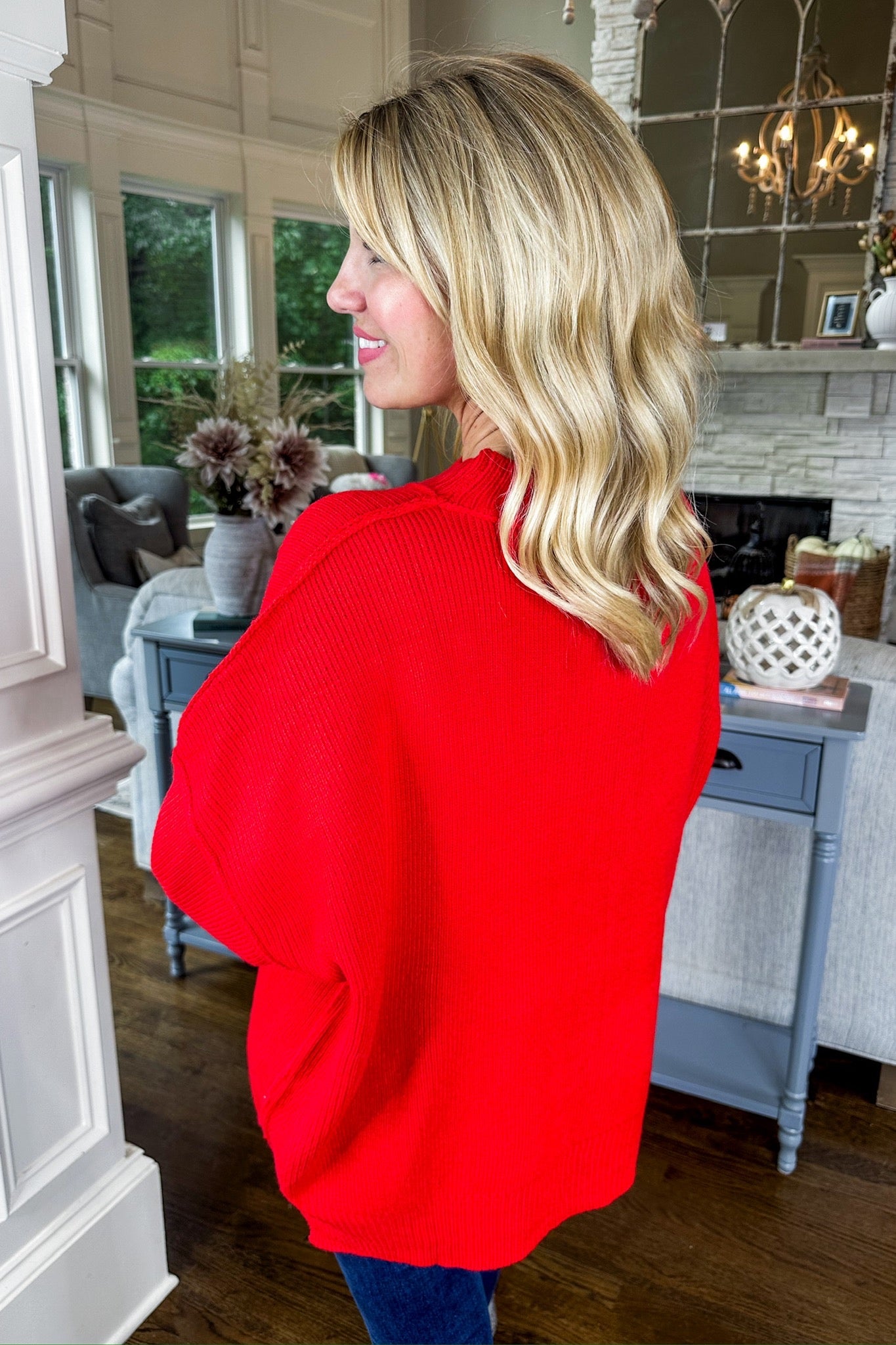 Oversized Exposed Seam Drop Shoulder Sweater in Red