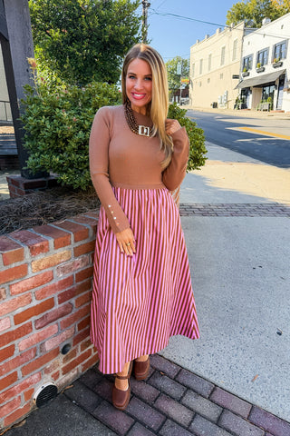 Sunday Style Stripe Midi Dress in Camel & Pink