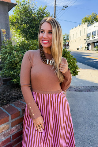 Sunday Style Stripe Midi Dress in Camel & Pink