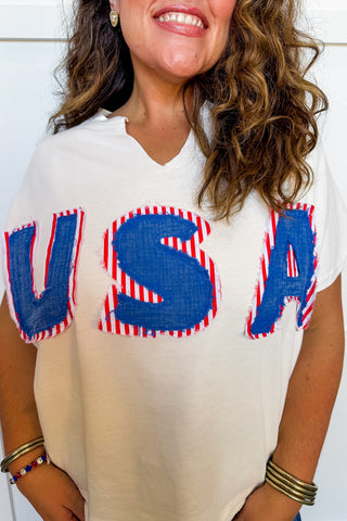 Born In The Usa Patchwork Top in Washed White