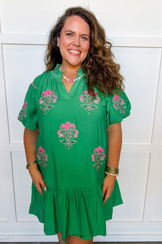 Green Petal Charm Drop Waist Dress