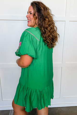Green Petal Charm Drop Waist Dress
