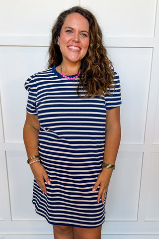 The Carolina T-shirt Dress in Navy & White Stripes by Mary Square