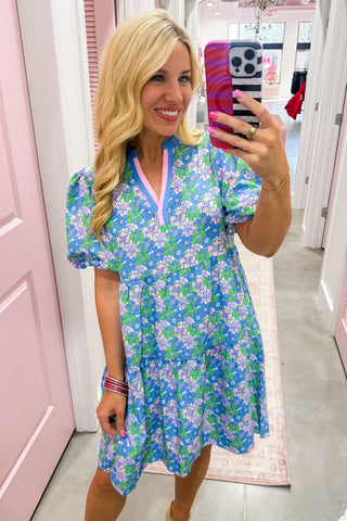 The Kinsley Mini Dress in Vintage Posies Blue by Mary Square