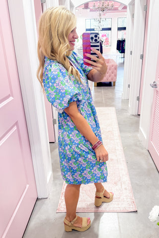 The Kinsley Mini Dress in Vintage Posies Blue by Mary Square