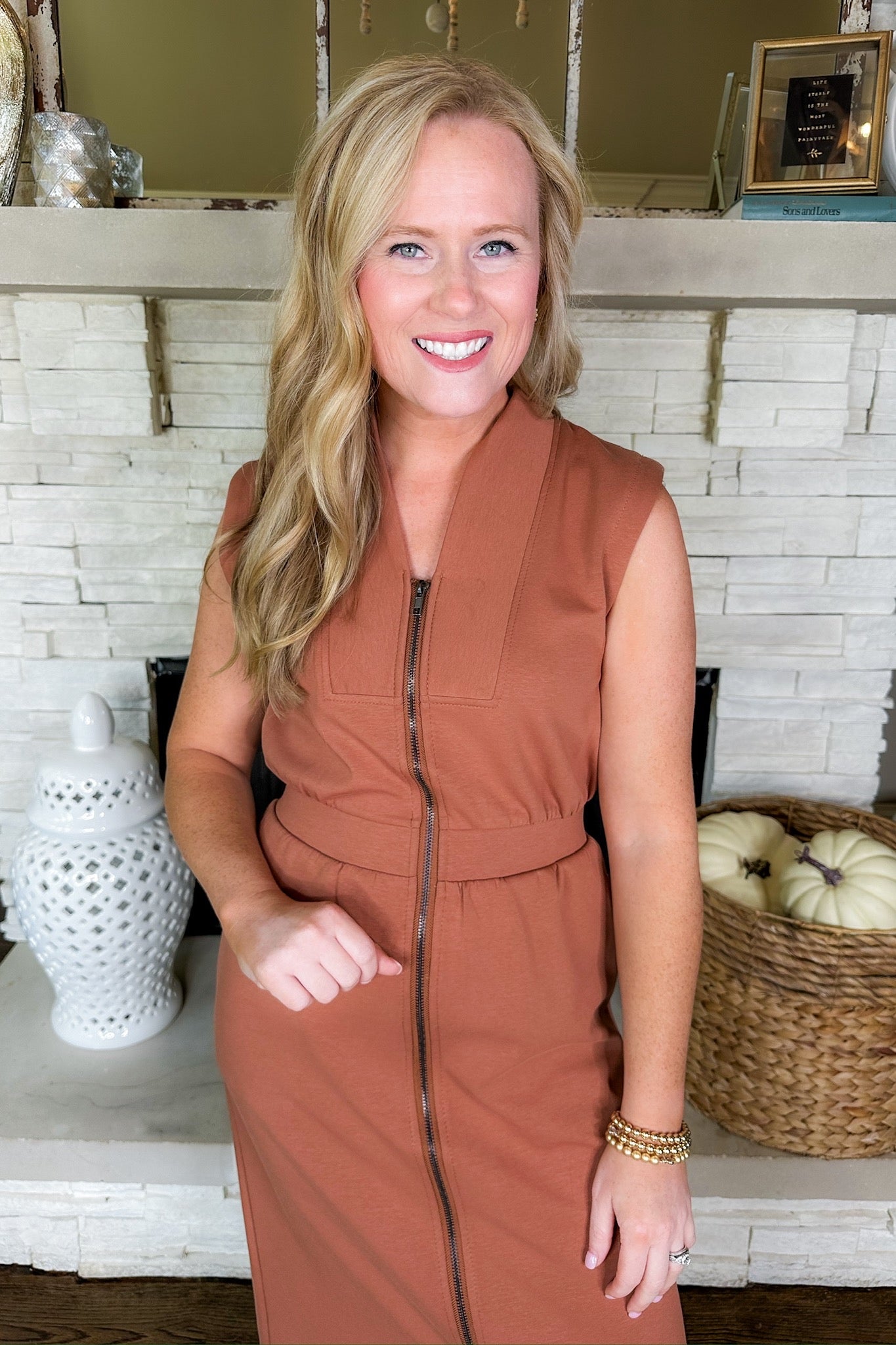 Buttery Soft Zip Up Pocketed Sleeveless Midi Dress in Clay