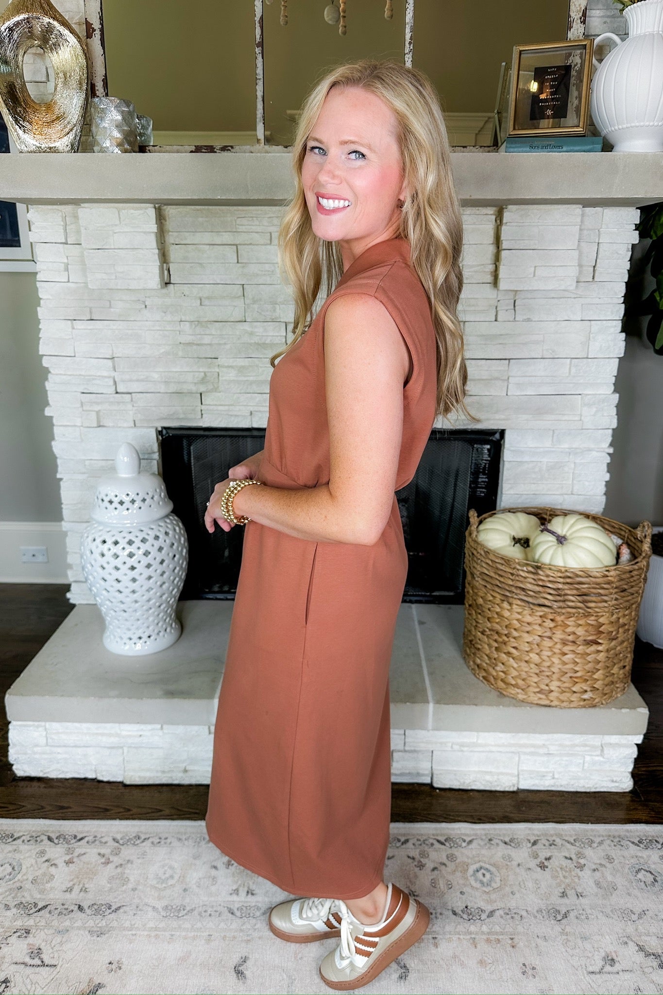 Buttery Soft Zip Up Pocketed Sleeveless Midi Dress in Clay