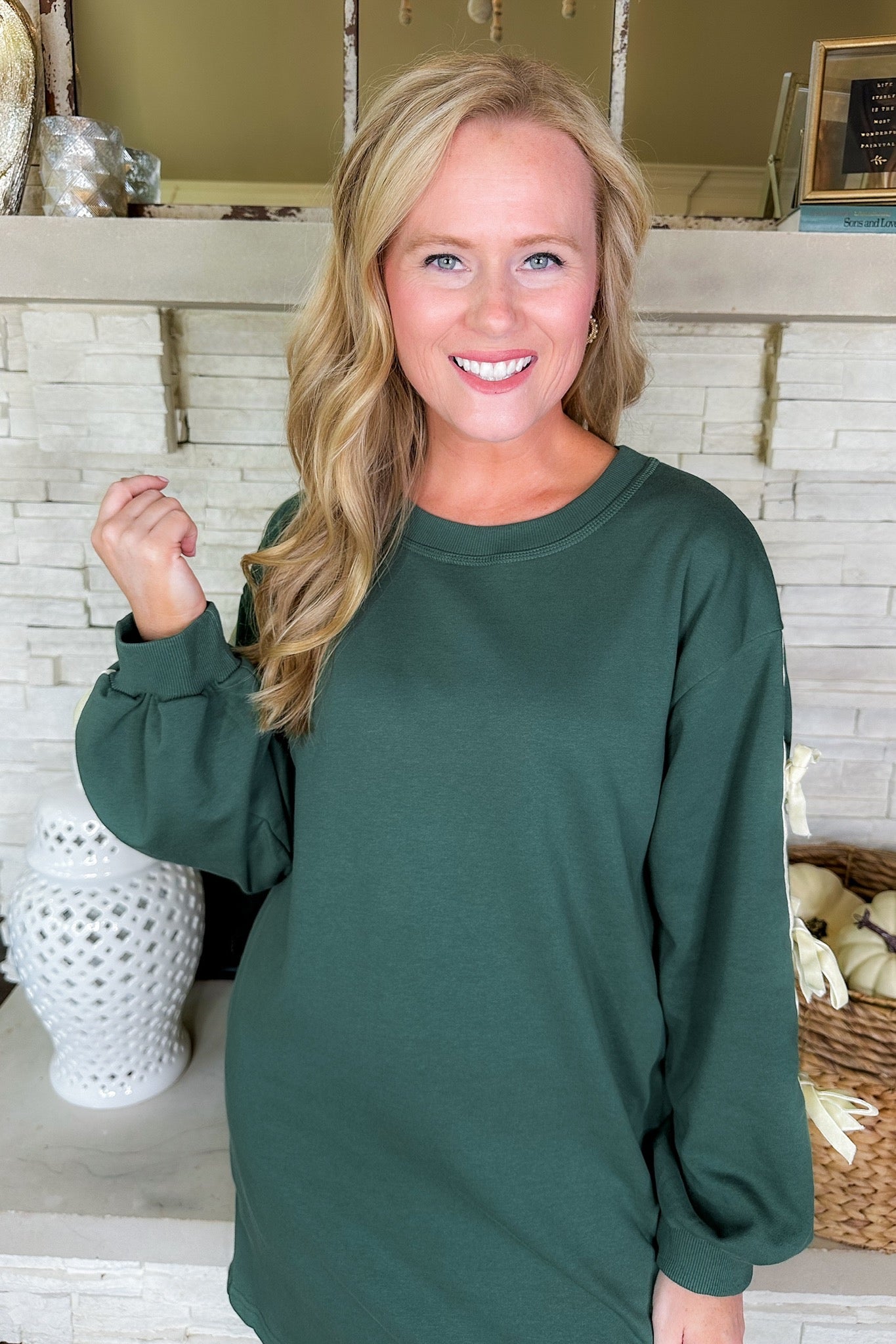 Velvet Ribbon Bow Striped Long Sleeve Dress in Hunter Green