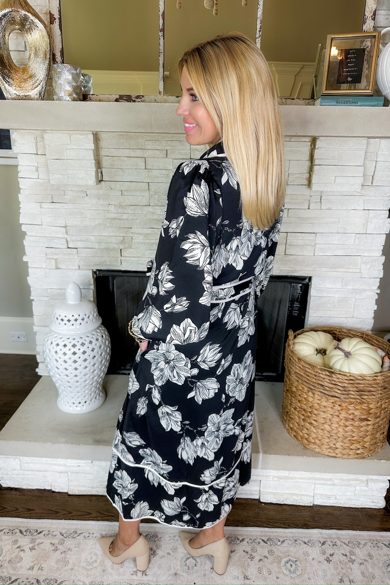 White Trim Button Down Floral Tie Waist Black Midi Dress