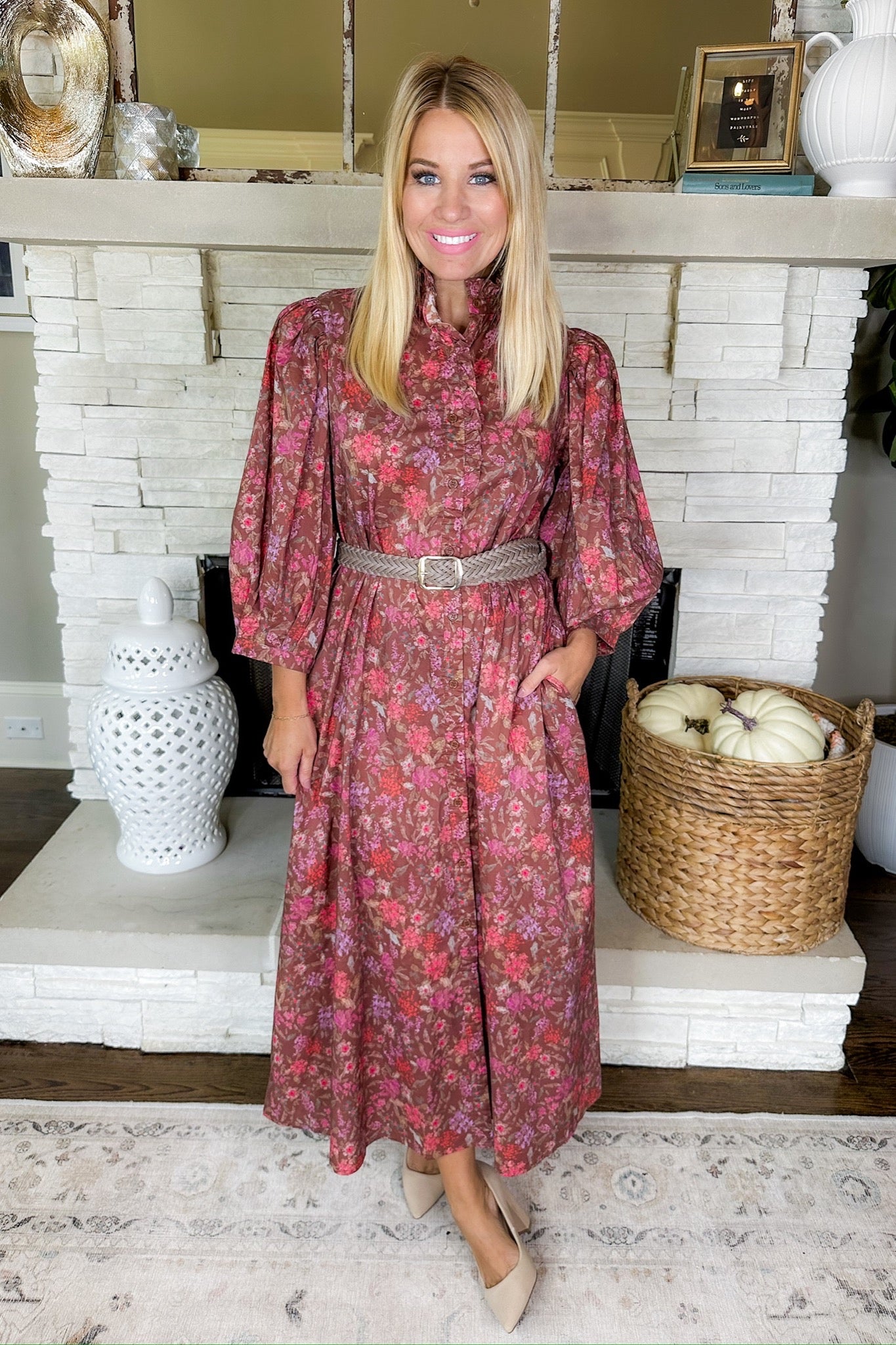 Autumn Floral Ruffle Button Down Brown Midi Dress