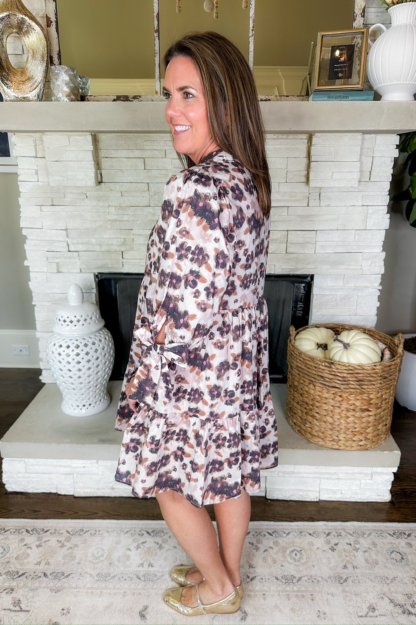 Taupe Painted Floral Bow Tie Sleeve Lined Dress